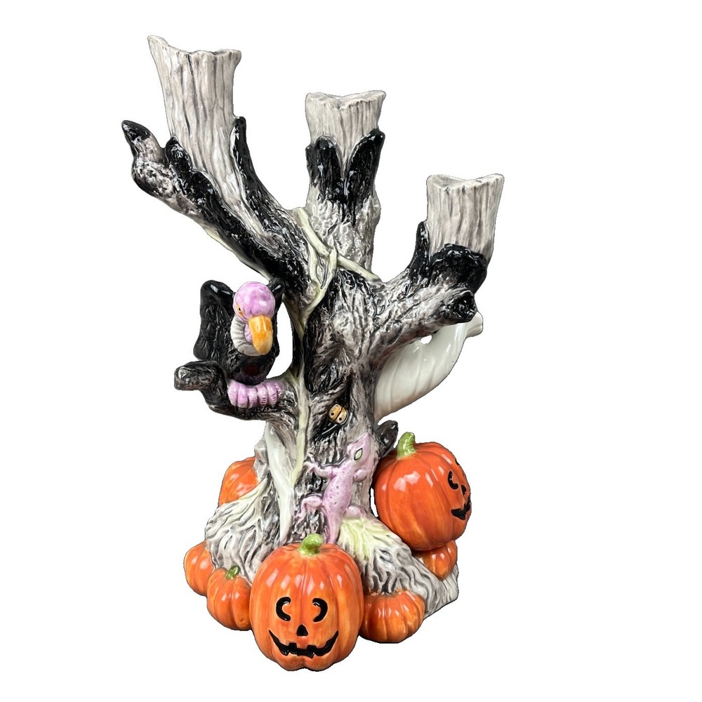 Fitz & Floyd Halloween 3-Branch Candle Holder Ghost Vulture Pumpkin Cat